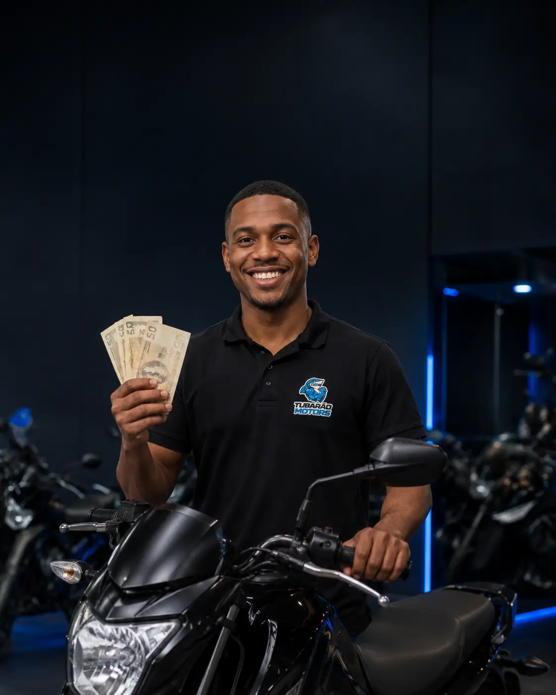Atendente segurando dinheiro para compra de moto